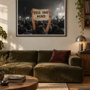 Free Your Mind print, 40 × 30 inch, black frame above an olive-green living-room sofa