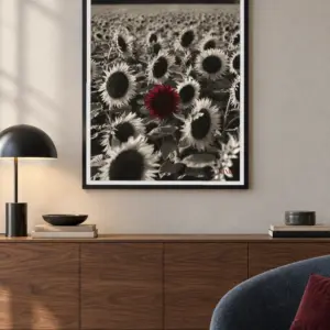 Grow Your Own Way print, 30 × 40 inch, black frame above a wood console in a sunlit living room