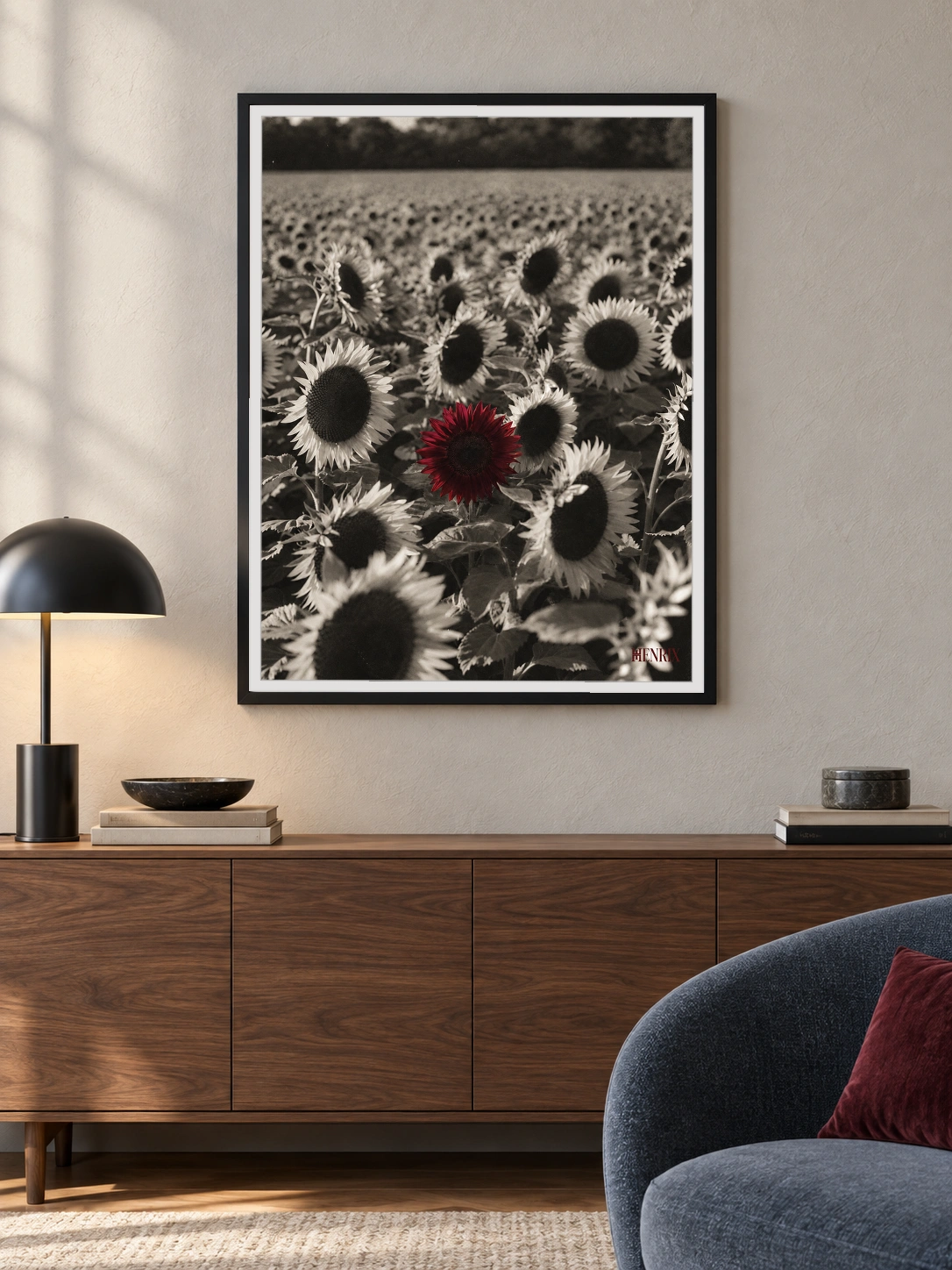 Grow Your Own Way print, 30 × 40 inch, black frame above a wood console in a sunlit living room