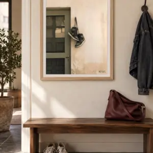 Home at Last print, 18 × 24 inch, Natural Wood frame above a hallway bench