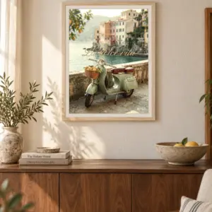La Dolce Vita print, 18 × 24 inch, Natural Wood frame above a dining-room sideboard