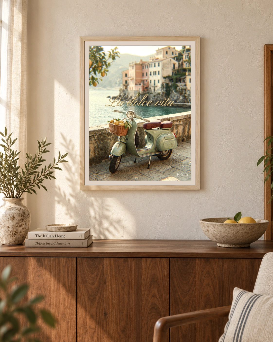 La Dolce Vita print, 18 × 24 inch, Natural Wood frame above a dining-room sideboard