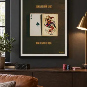 Lucky Bluff print, 18 × 24 inch, black frame above a wood console in a dark lounge
