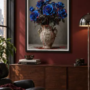 Roses Are Red print, 30 × 40 inch, black frame above a sideboard on a burgundy living-room wall