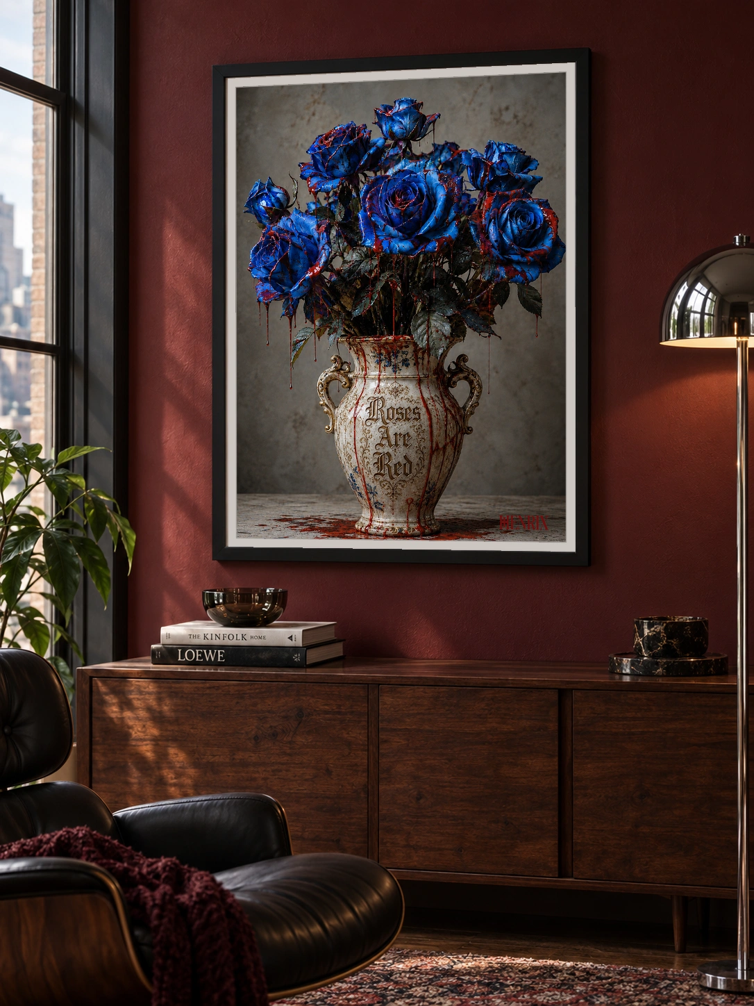 Roses Are Red print, 30 × 40 inch, black frame above a sideboard on a burgundy living-room wall