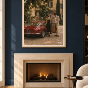 The Gentleman print, 30 × 40 inch, Natural Wood frame above a fireplace on a dark blue wall