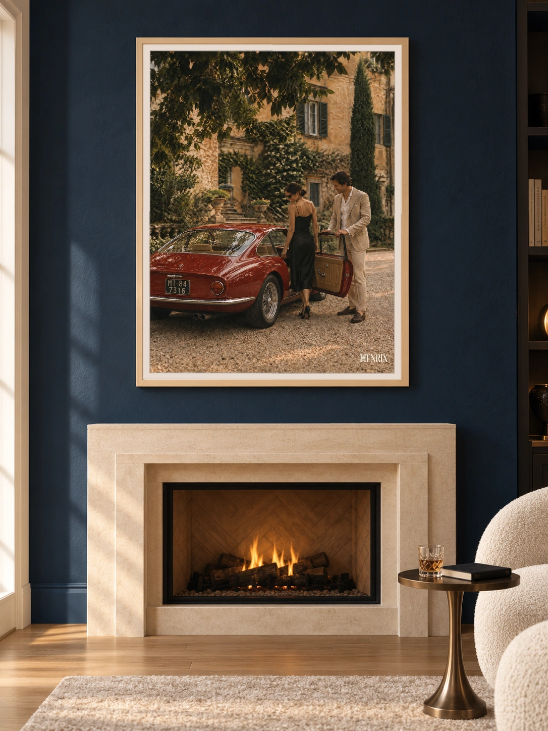 The Gentleman print, 30 × 40 inch, Natural Wood frame above a fireplace on a dark blue wall