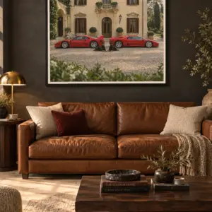 The Watchdogs print, 48 × 36 inch, black frame above a brown leather living-room sofa