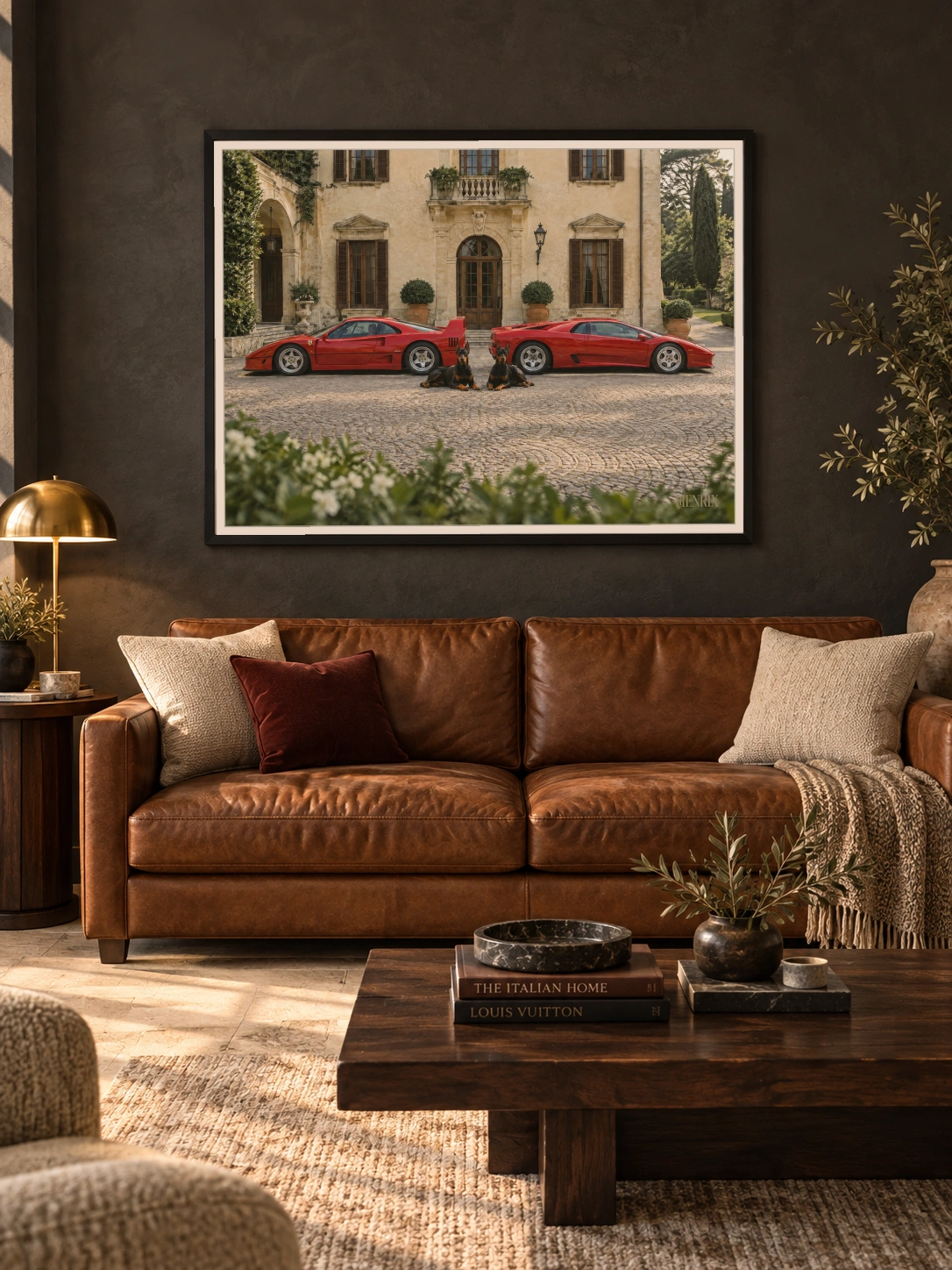 The Watchdogs print, 48 × 36 inch, black frame above a brown leather living-room sofa