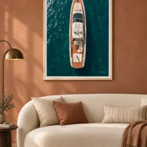 This Was Always the Plan print, 30 × 40 inch, Natural Wood frame above a cream sofa on a warm terracotta wall