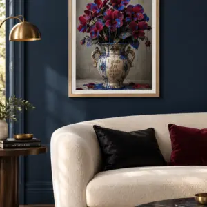 Violets Are Blue print, 18 × 24 inch, Natural Wood frame above a cream sofa on a dark blue wall