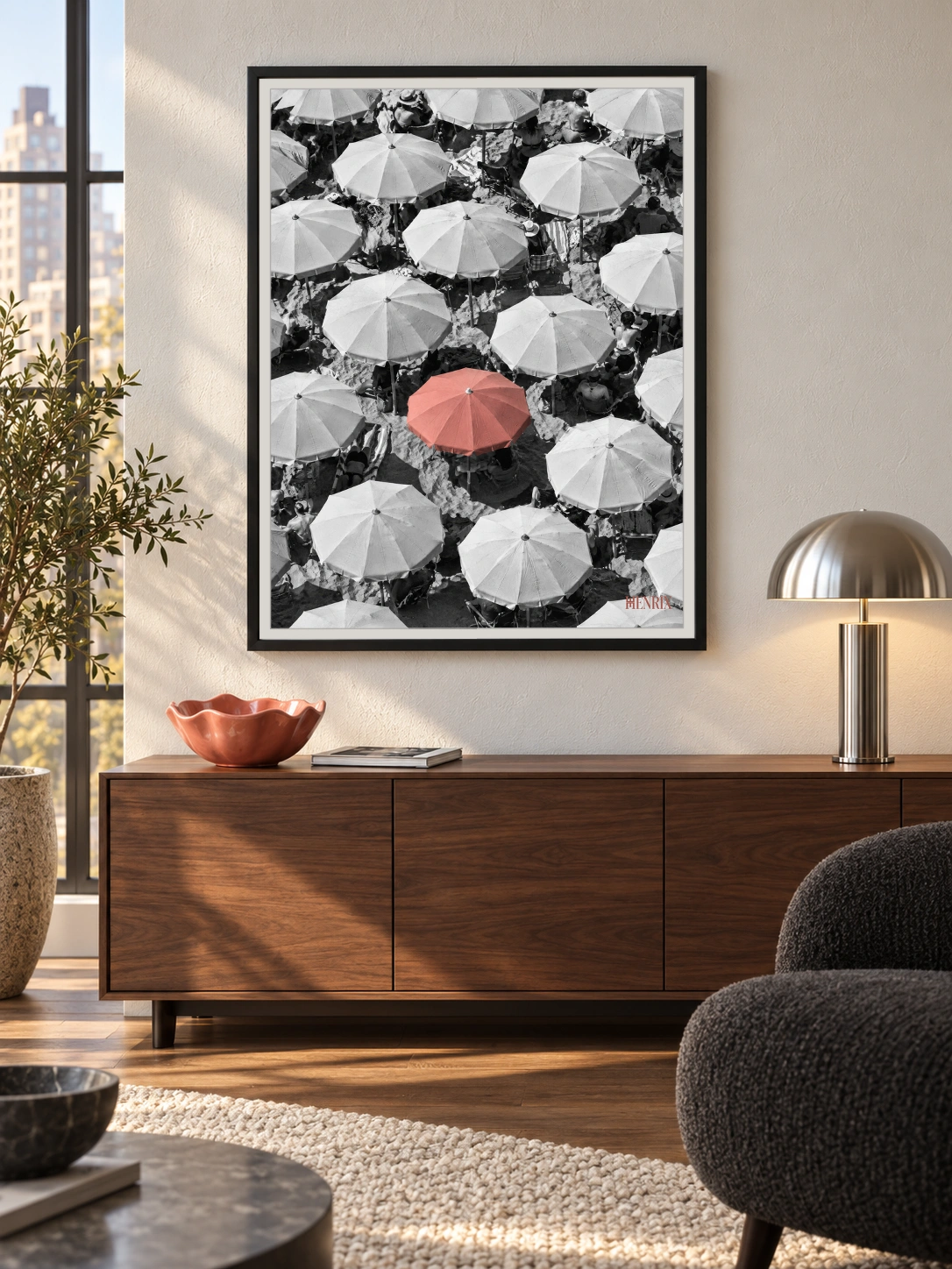 You Were Never Meant to Blend In print, 30 × 40 inch, black frame above a sideboard beside a charcoal chair