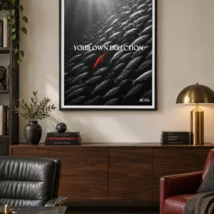 Your Own Direction print, 30 × 40 inch, black frame above a wood living-room console