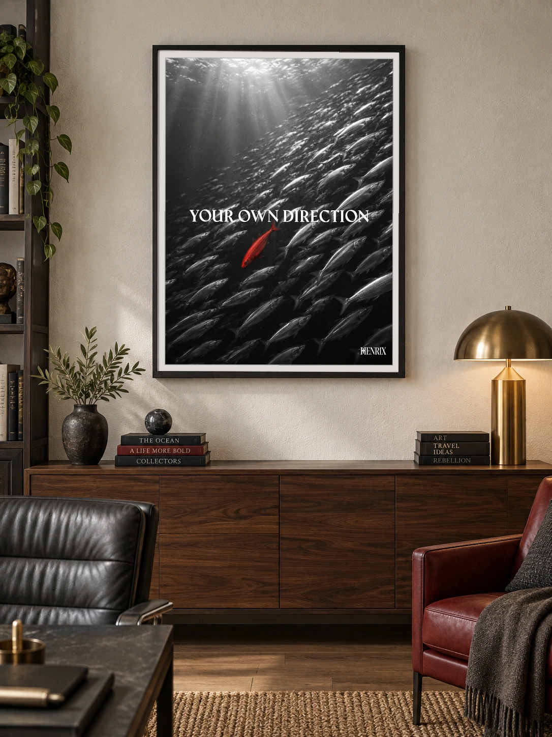 Your Own Direction print, 30 × 40 inch, black frame above a wood living-room console