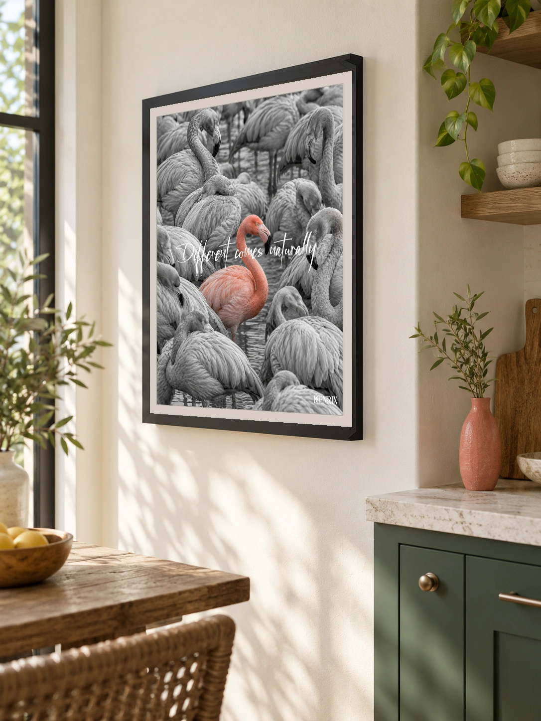 Different Comes Naturally print, 18 × 24 inch, black frame on a kitchen wall beside a counter, viewed at an angle