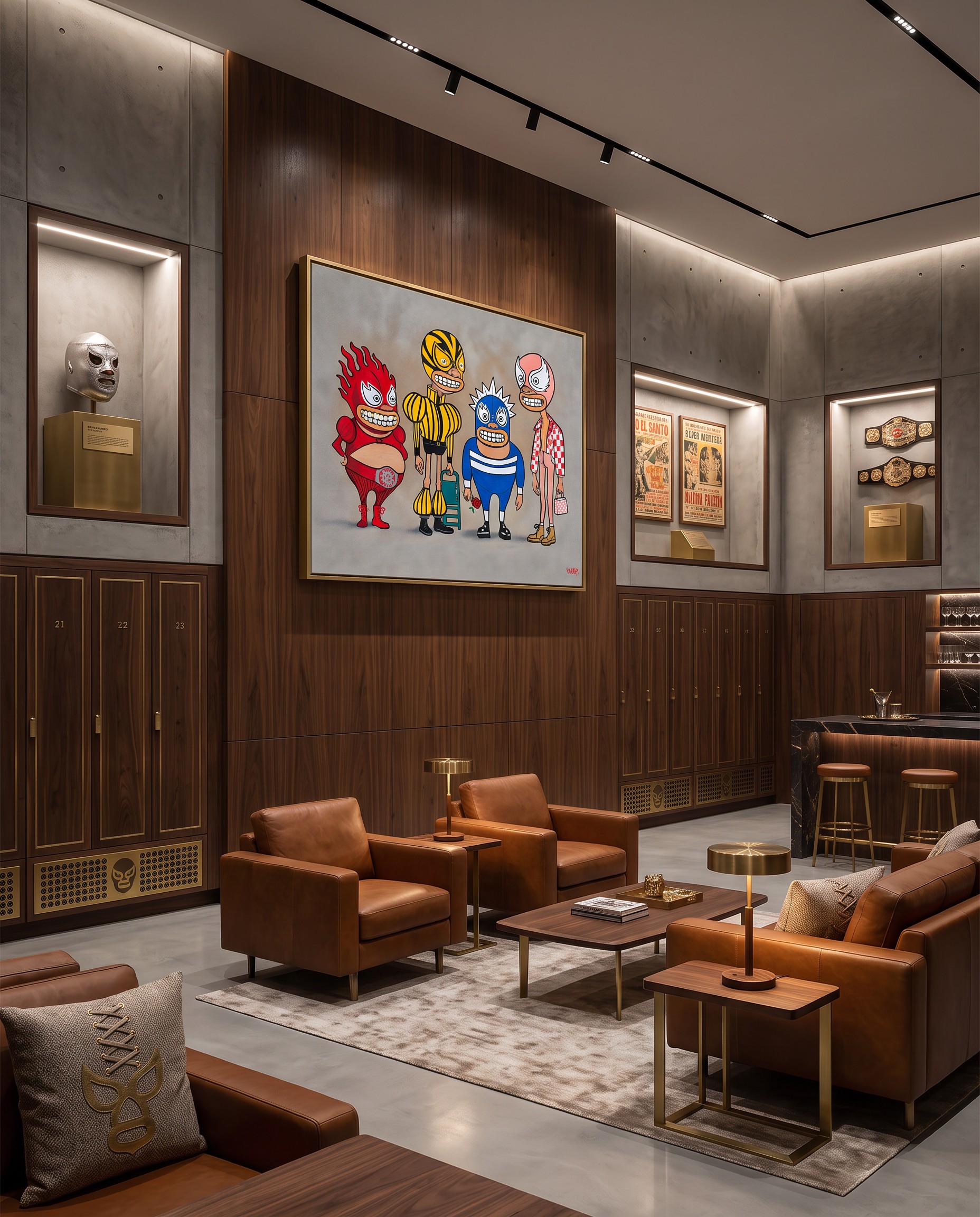Angled view of the Luchadores original painting in a wrestling collectors lounge with wood lockers, leather chairs and display cases.