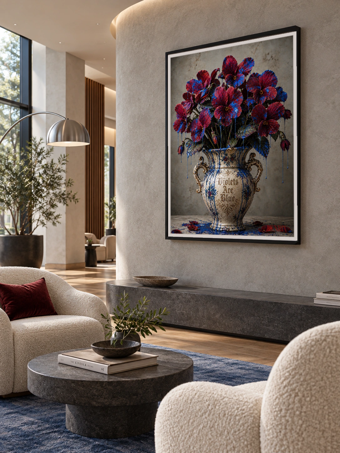 Violets Are Blue print, 36 × 48 inch, black frame in a modern stone-walled lobby, viewed at an angle