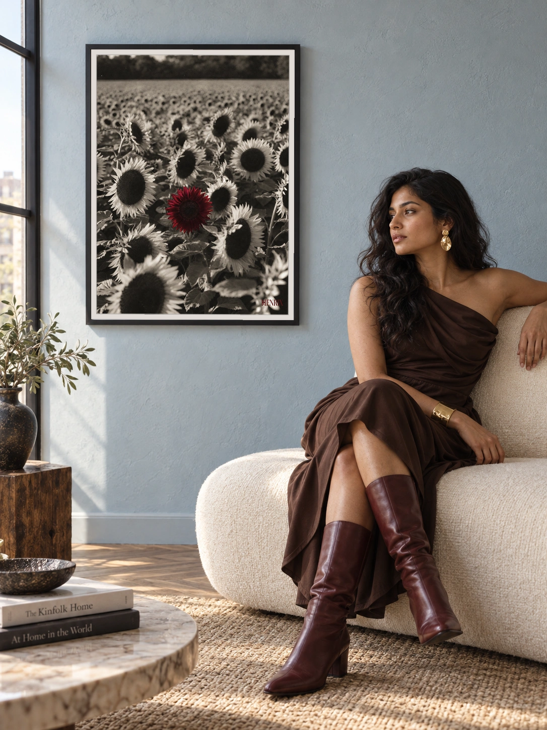 Grow Your Own Way print, 30 × 40 inch, black frame beside a woman in a brown dress seated in a cream armchair