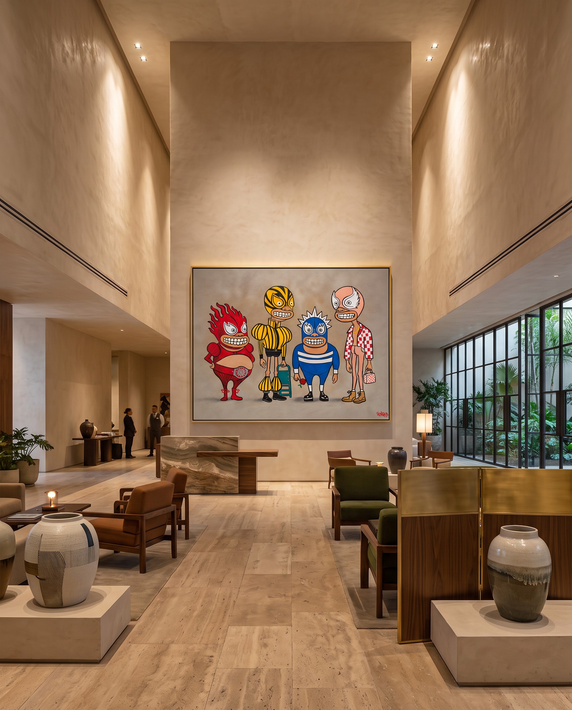 Luchadores original painting on a warm plaster wall in a double-height hotel lobby with lounge seating and courtyard windows.