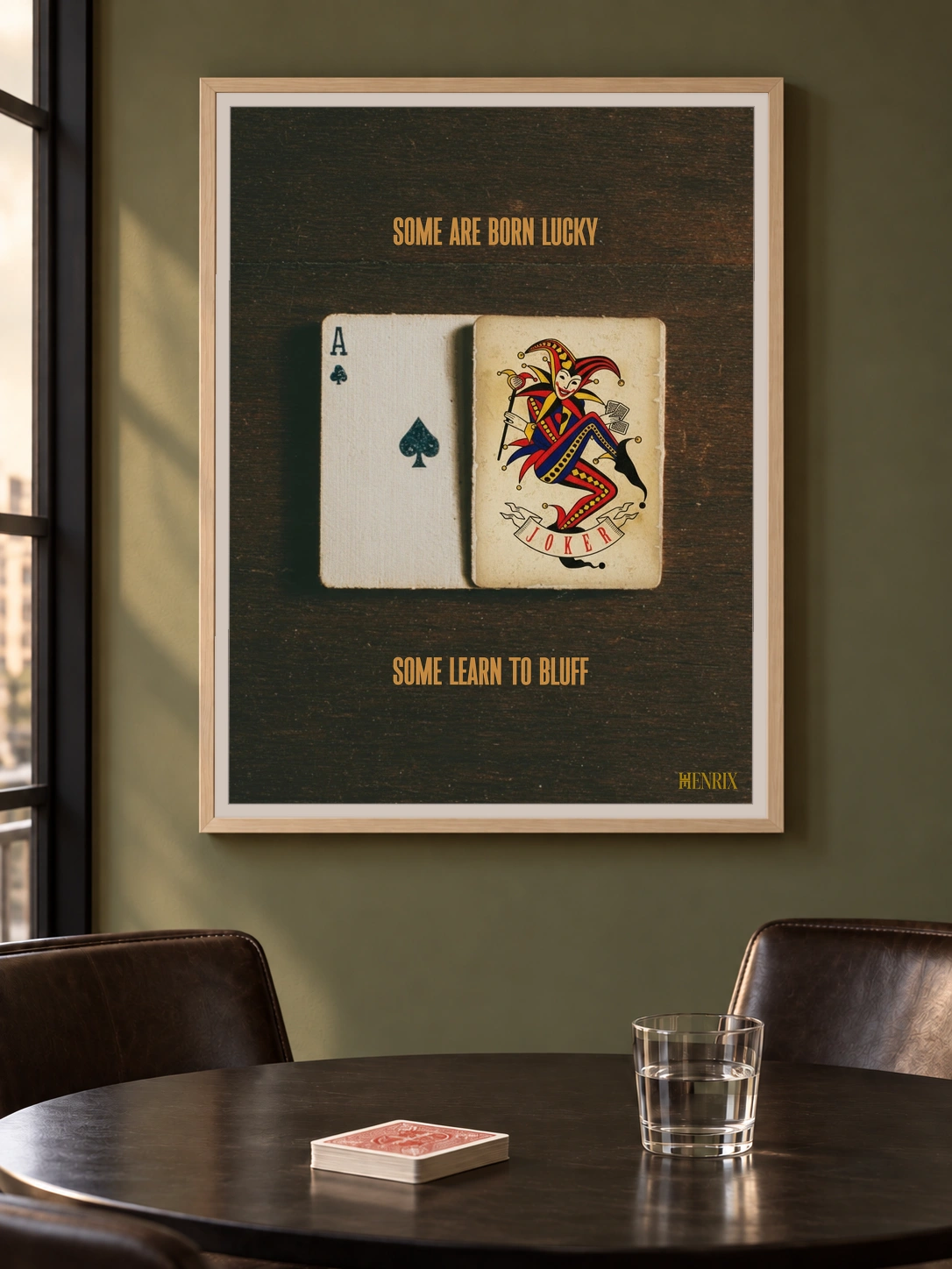 Lucky Bluff print, 30 × 40 inch, Natural Wood frame on a green wall above a poker table