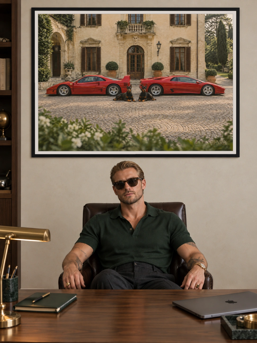 The Watchdogs print, 48 × 36 inch, large black frame behind a man in sunglasses seated at his desk