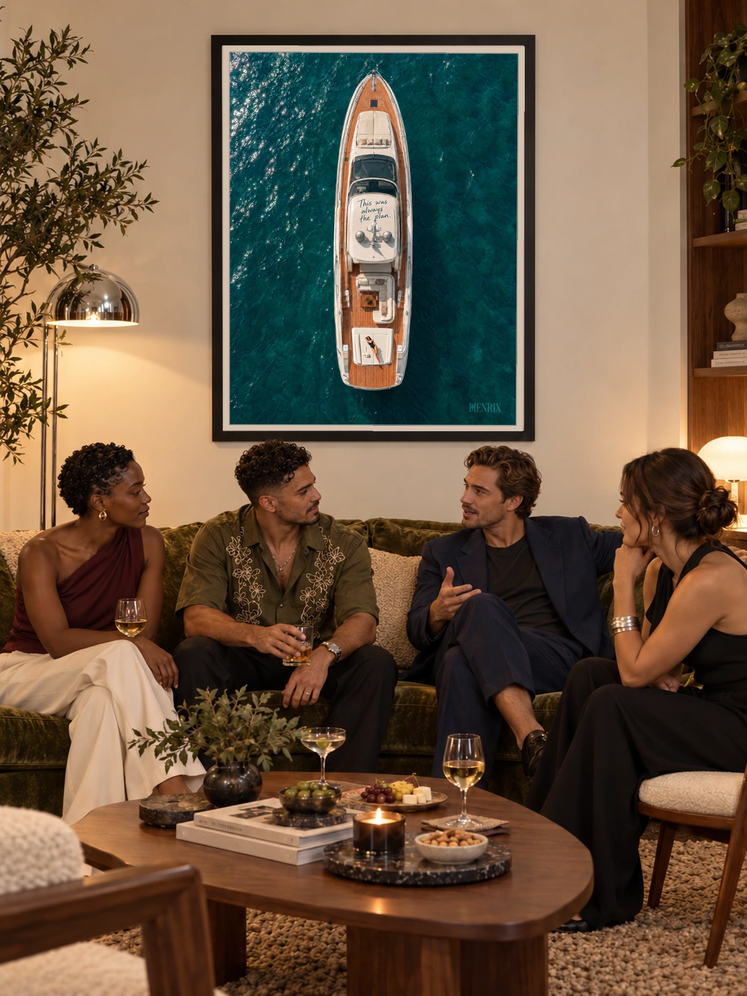 This Was Always the Plan print, 36 × 48 inch, black frame above four seated friends listening to one man speaking