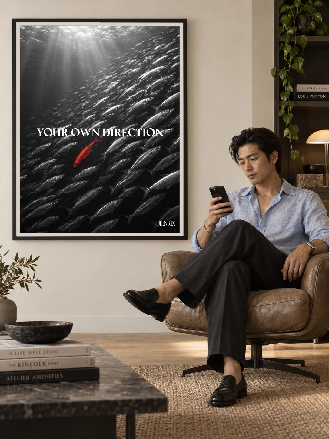Your Own Direction print, 36 × 48 inch, black frame behind a man seated in a brown leather chair checking his phone