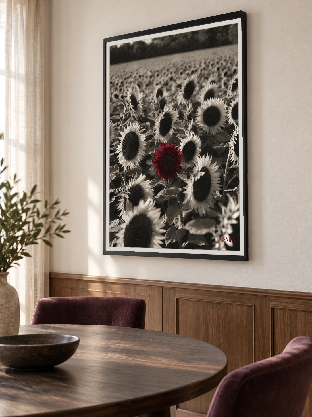 Grow Your Own Way print, 30 × 40 inch, black frame above a wood-paneled dining area, viewed at an angle