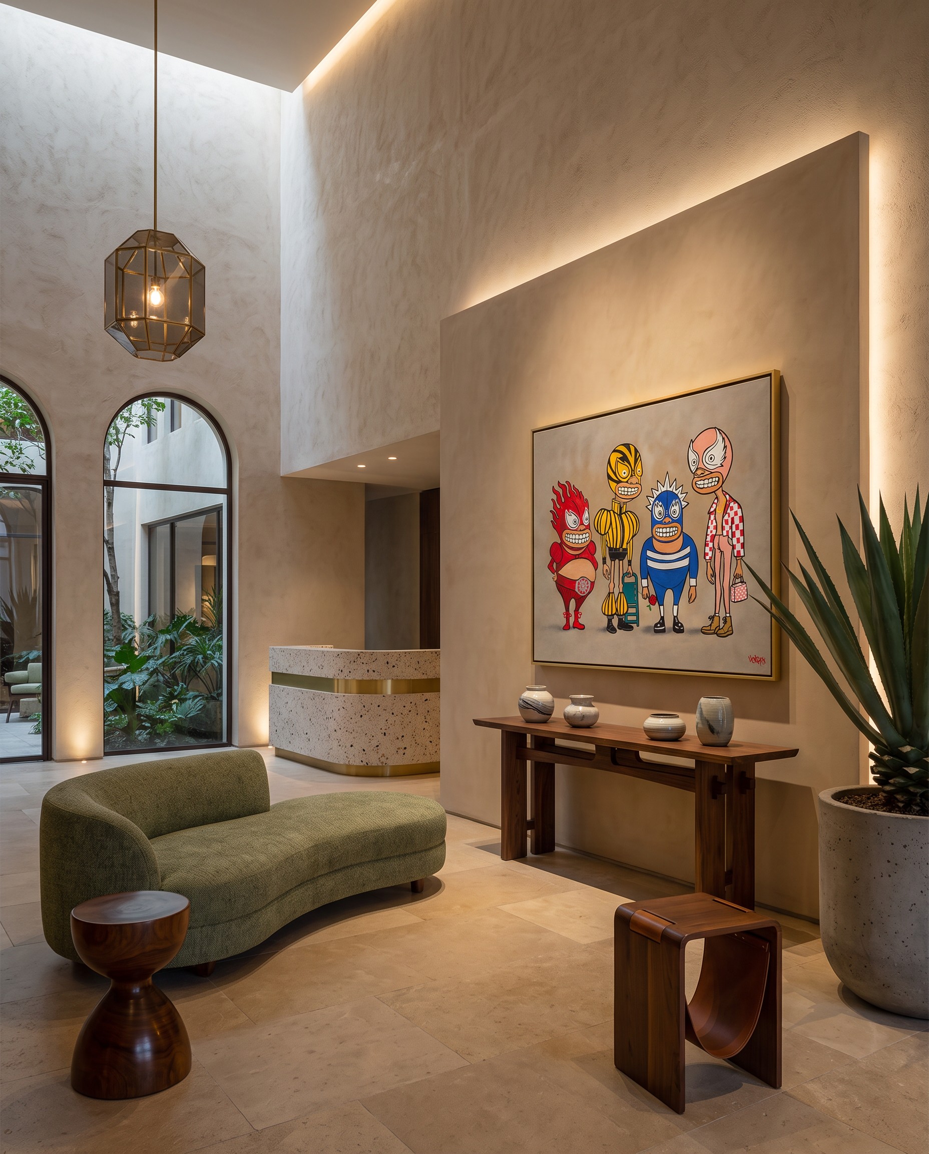 Luchadores original painting viewed at an angle above a wood console with pottery in a lobby beside an arched courtyard window.