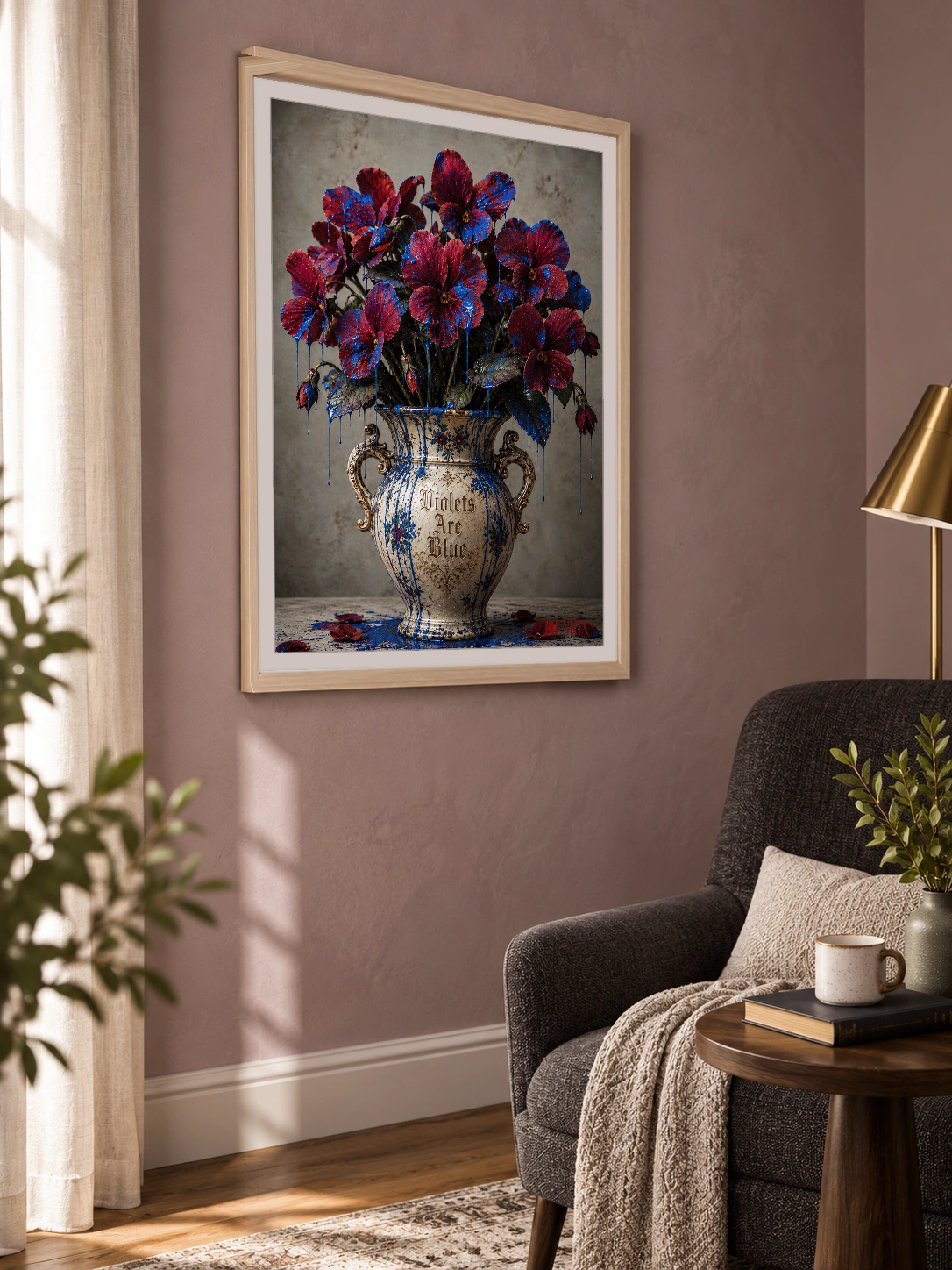 Violets Are Blue print, 18 × 24 inch, Natural Wood frame on a muted pink wall beside a reading chair, viewed obliquely