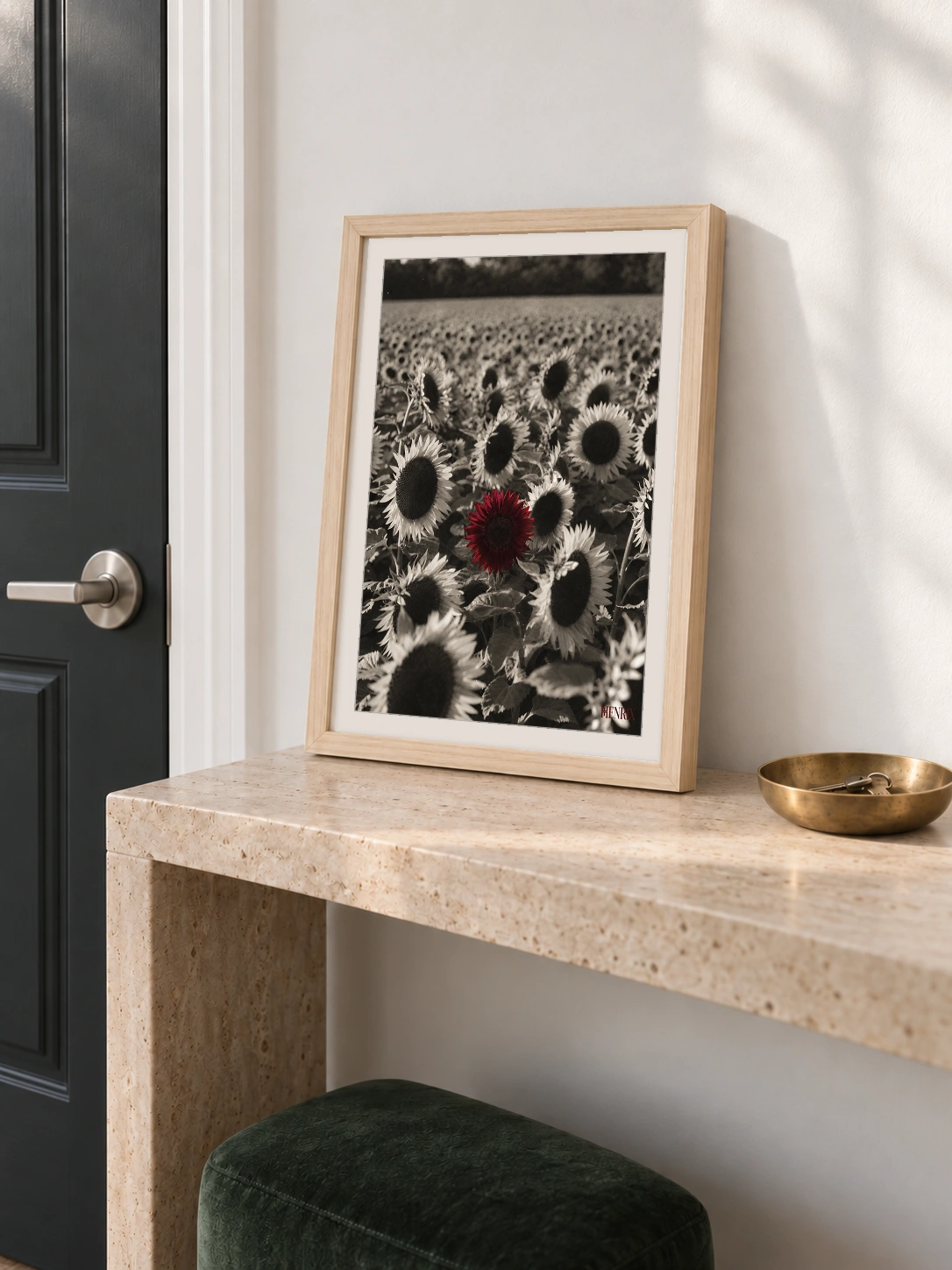 Grow Your Own Way print, 12 × 16 inch, small Natural Wood frame leaning on a stone entry table