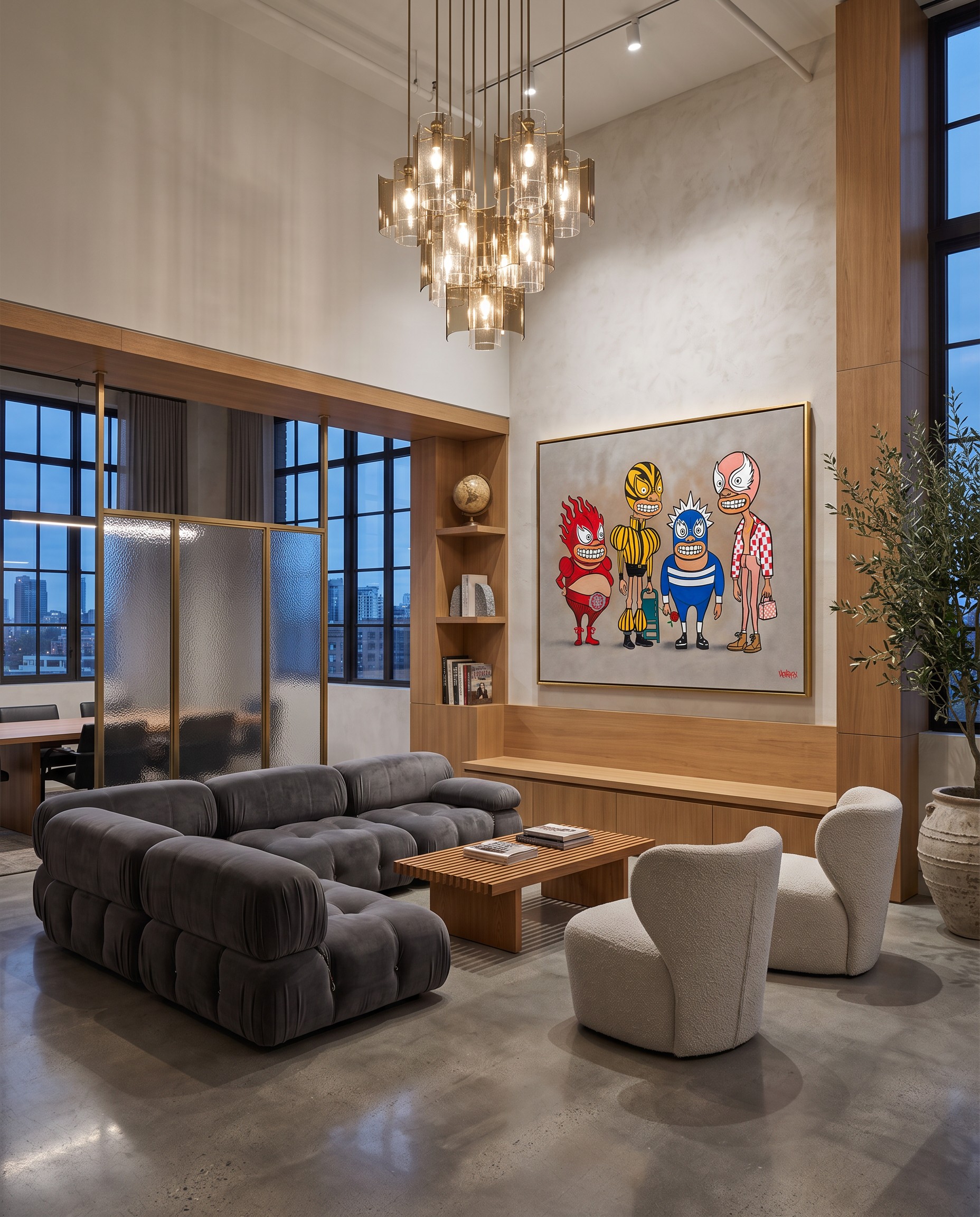 Side view of the Luchadores original painting in a double-height office lounge with charcoal seating and tall grid windows.