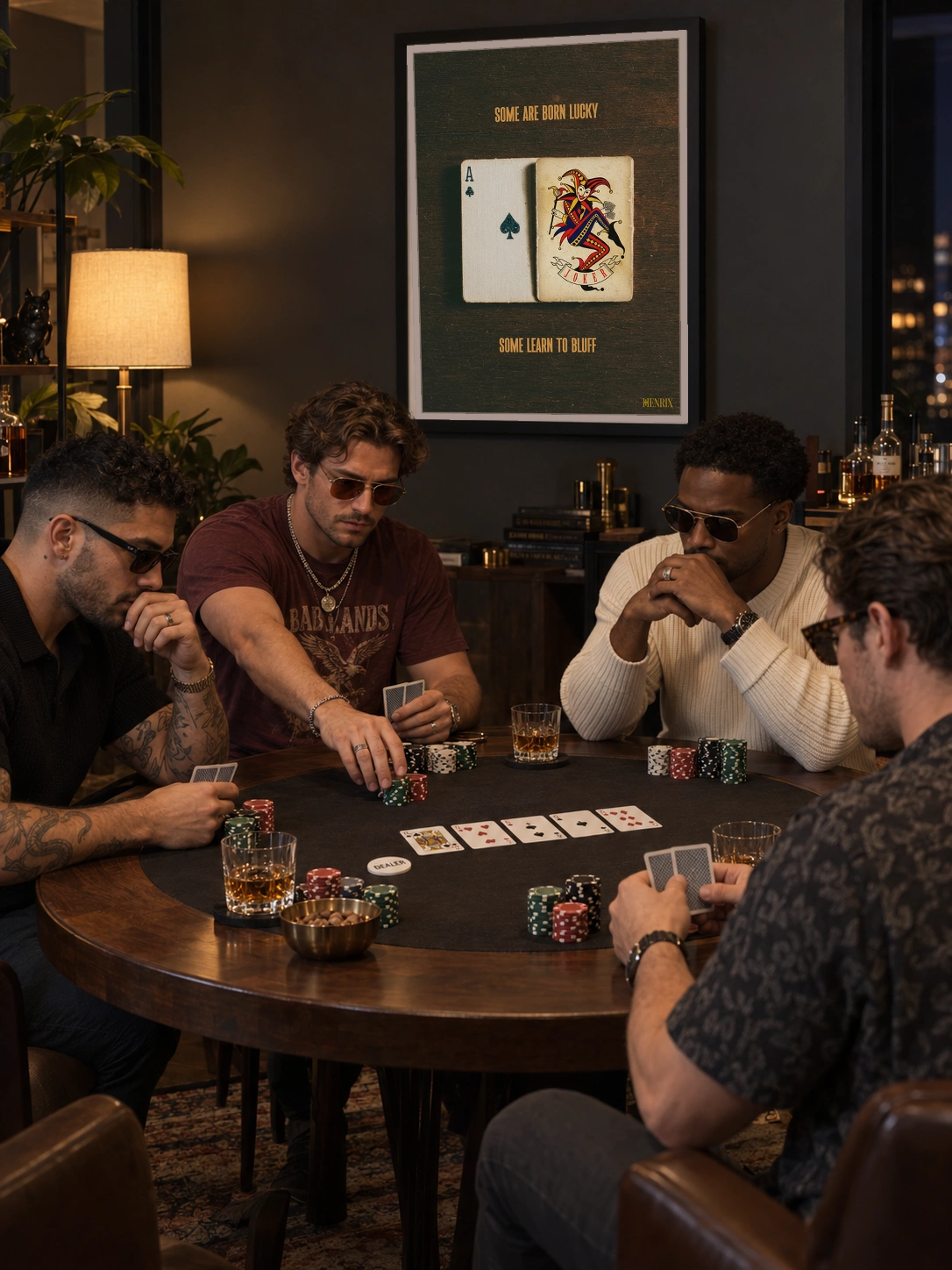 Lucky Bluff print, 30 × 40 inch, black frame behind four men concentrating on a poker game