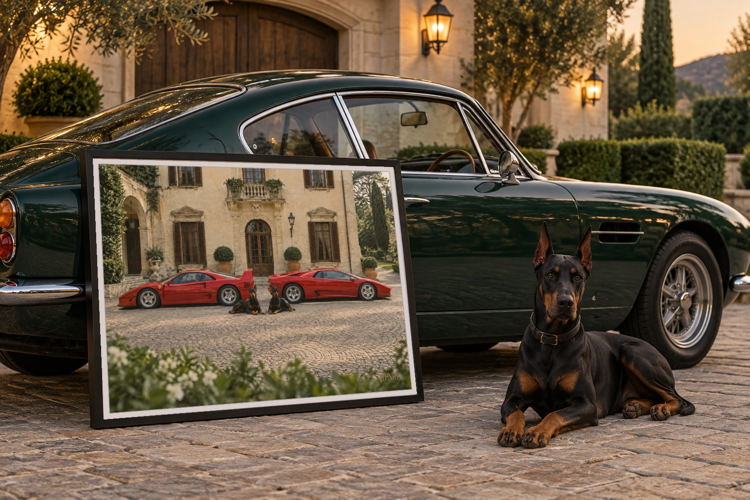 The Watchdogs print, 48 × 36 inch, large black frame leaning beside a dark green car with a Doberman resting in front