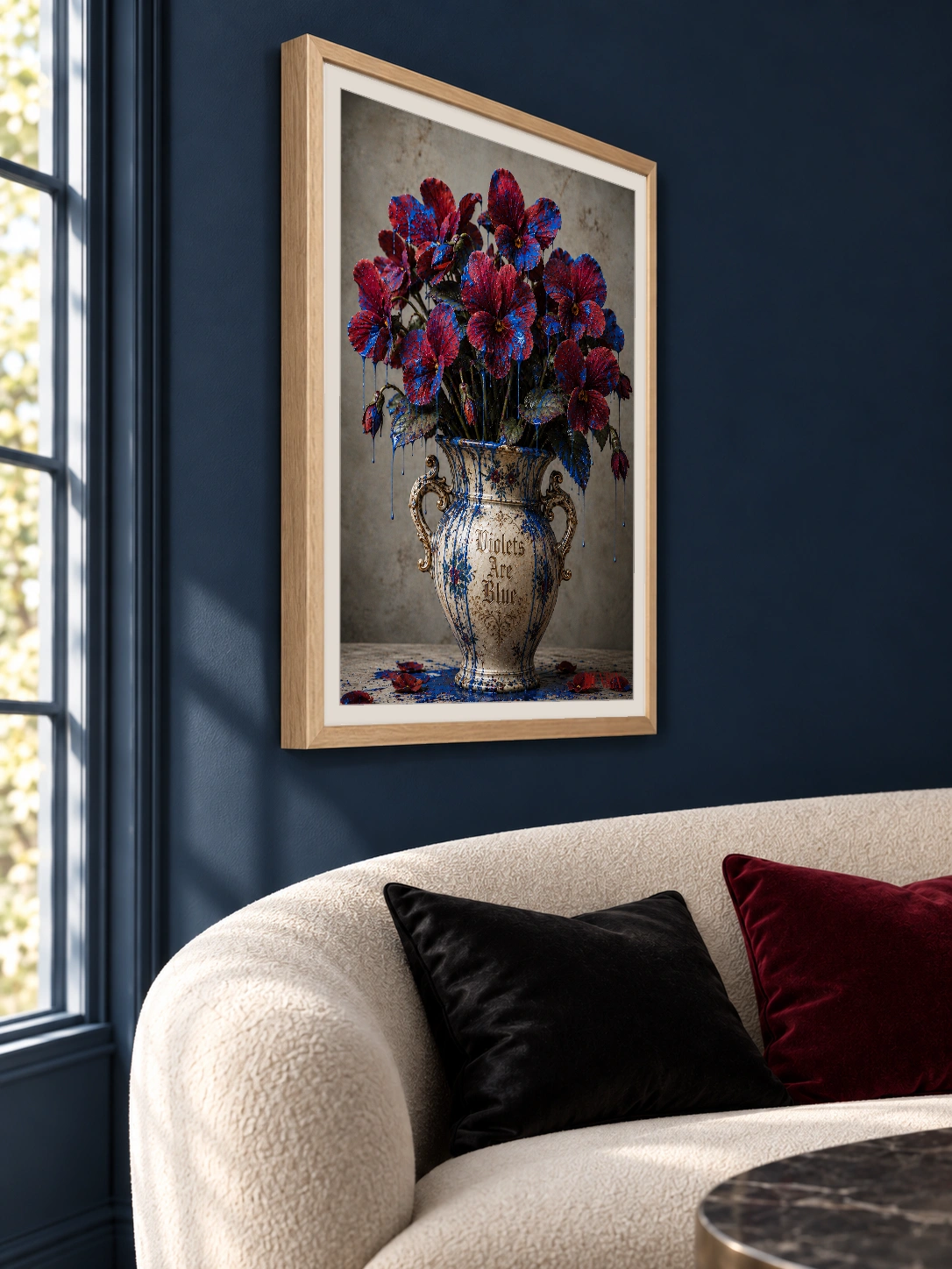 Violets Are Blue print, 18 × 24 inch, Natural Wood frame above a cream sofa, viewed from the side
