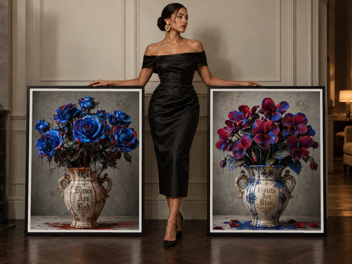 Roses Are Red and Violets Are Blue fine art paper prints in a shared fashion editorial scene