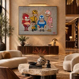 Luchadores canvas print above a fluted wood console in a double-height living room with cream chairs and a round stone table.