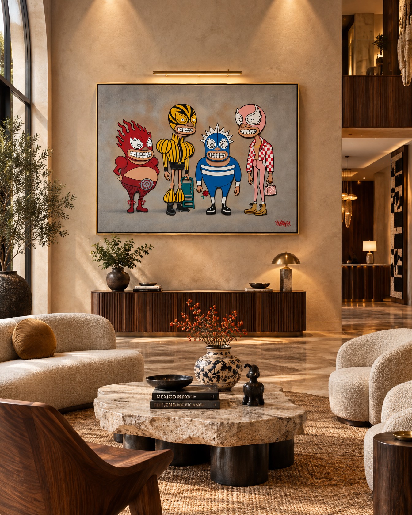 Luchadores canvas print displayed front-facing above a fluted wood console in a double-height living room with cream chairs and a round stone table.