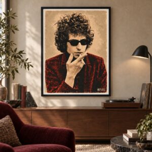 Bob Dylan print by Henrix: a front-facing black frame in a reading and music room