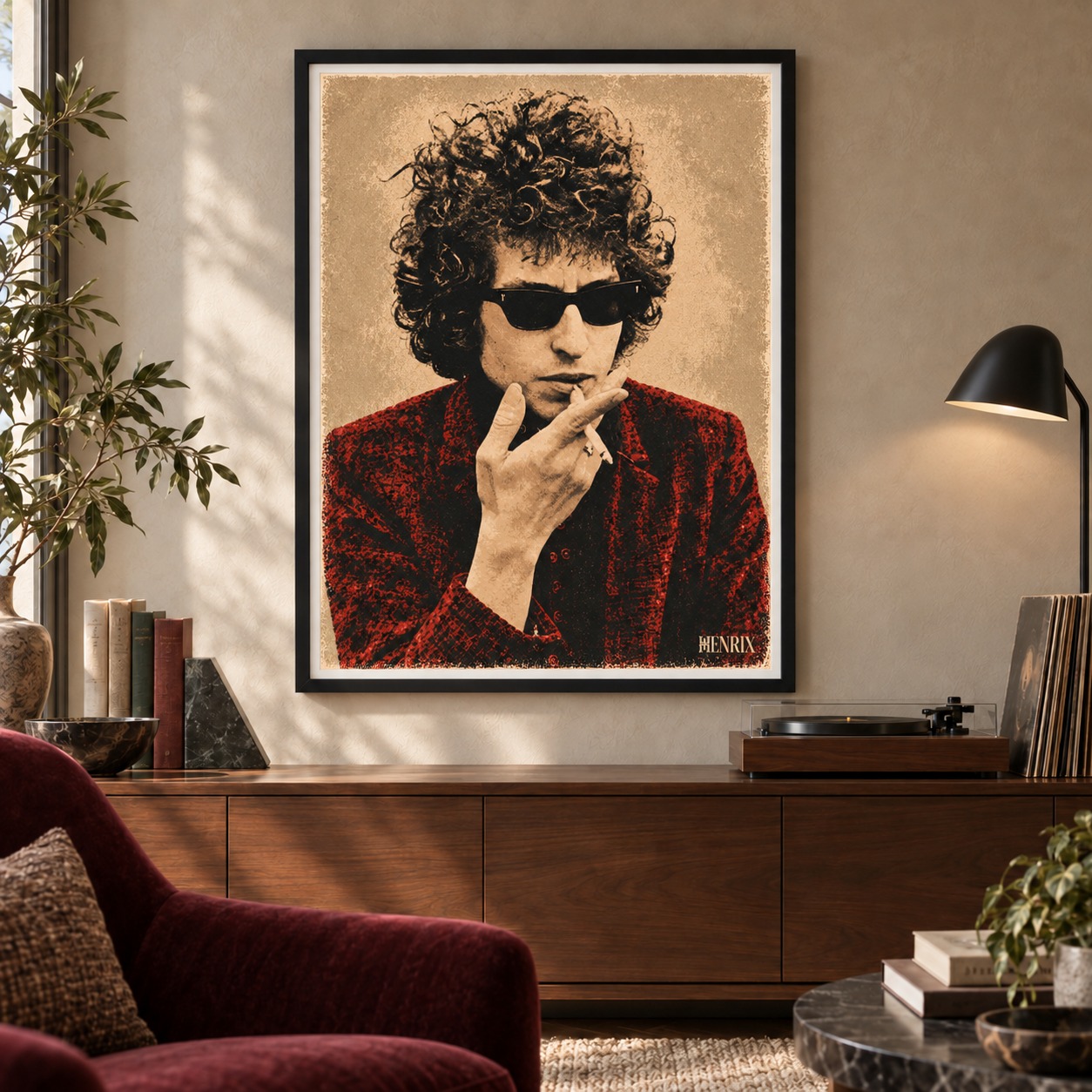 Bob Dylan print by Henrix: a front-facing black frame in a reading and music room