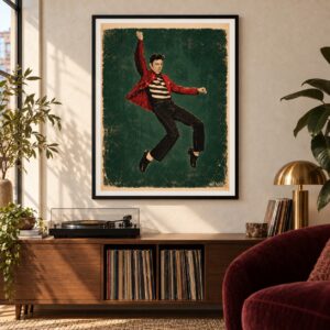 Elvis in Motion print by Henrix: a front-facing black frame above a record cabinet in a listening room
