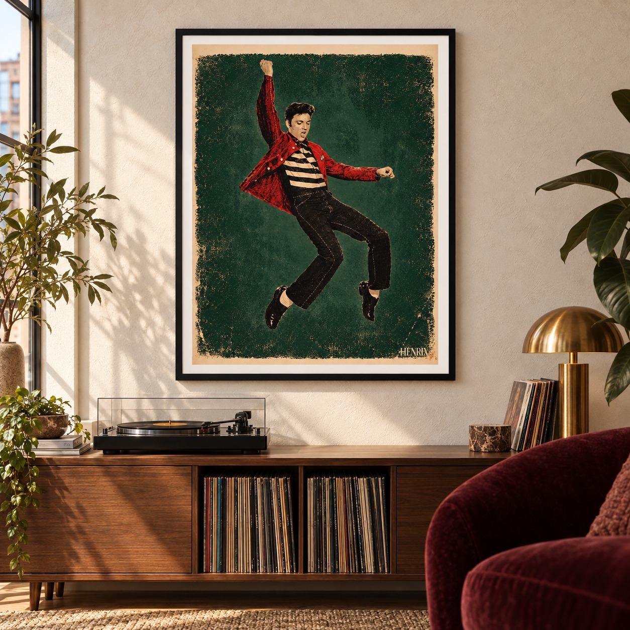 Elvis in Motion print by Henrix: a front-facing black frame above a record cabinet in a listening room