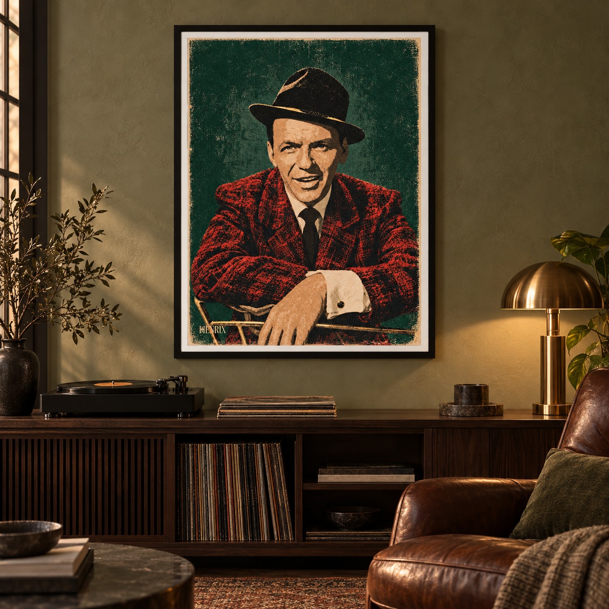 Frank Sinatra print by Henrix: a front-facing black frame above a record cabinet in a listening lounge