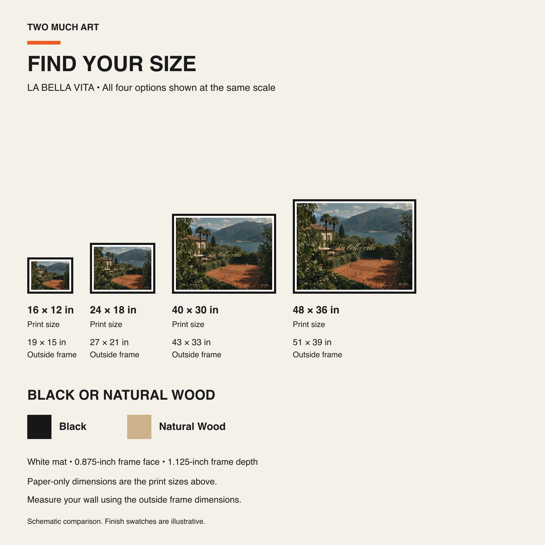 La Bella Vita print: paper and framed size comparison guide