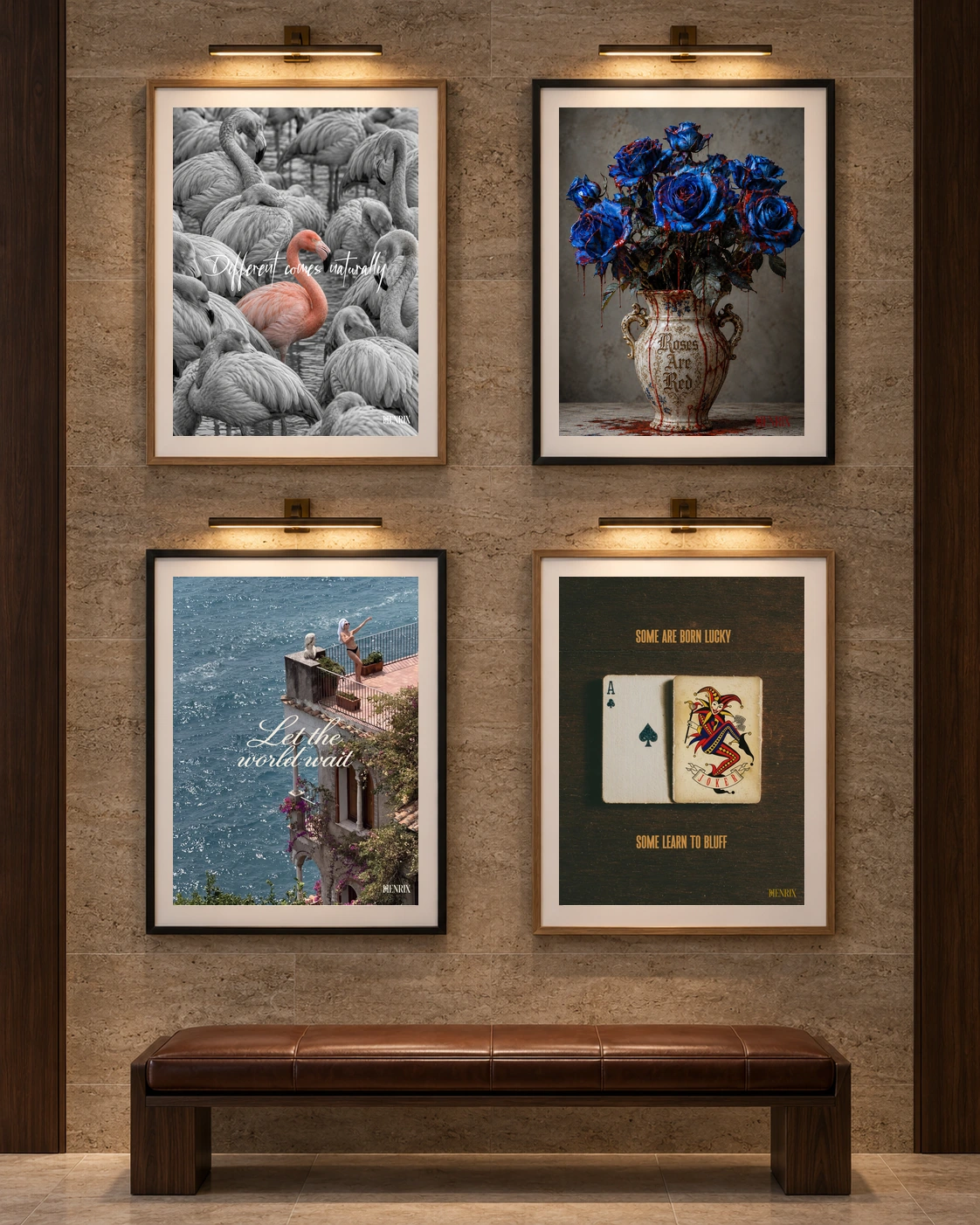 Four equal-sized Lifestyle Prints facing forward on a textured stone gallery wall, each under a brass picture light, with walnut details and a leather bench