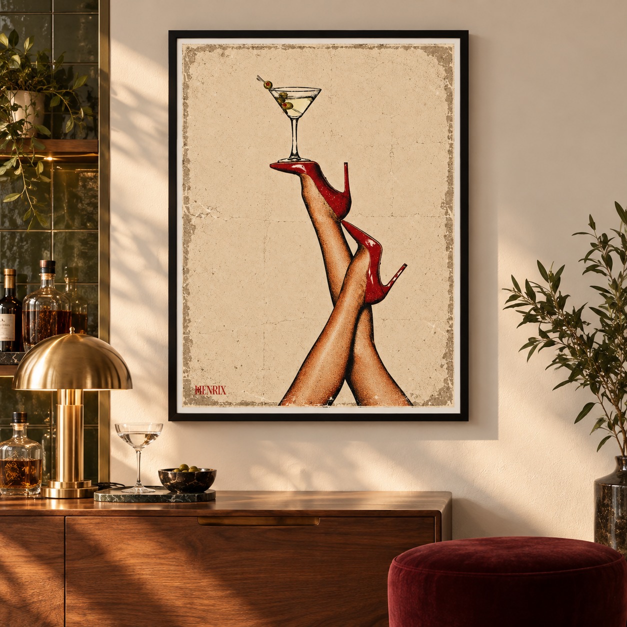 Martini Legs print by Henrix: a front-facing black frame above a walnut home bar cabinet